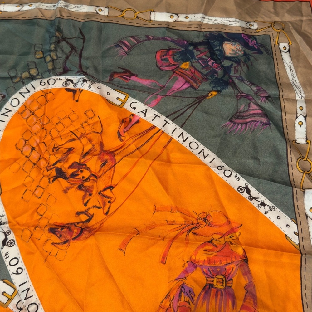 Gattinoni Roma 60th Anniversary Silk Scarf Made in Italy Orange Dog Print 35x36" - Picture 4 of 10